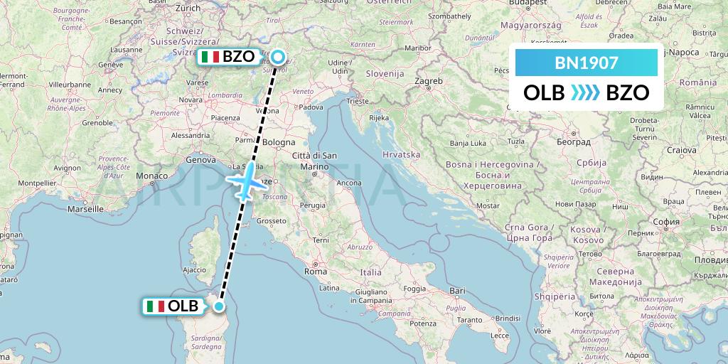 BN1907 Forward Air International Airlines Flight Map: Olbia to Bolzano