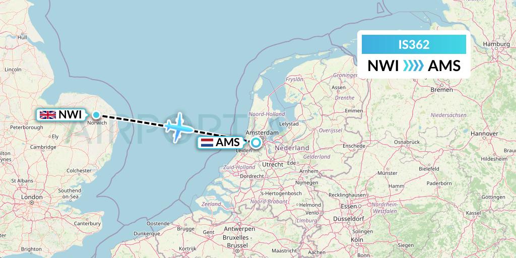 IS362 Sepehran Airlines Flight Map: Norwich to Amsterdam