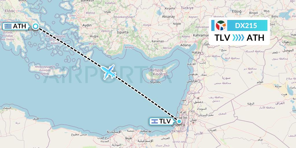 DX215 Danish Air Transport Flight Map: Tel Aviv to Athens