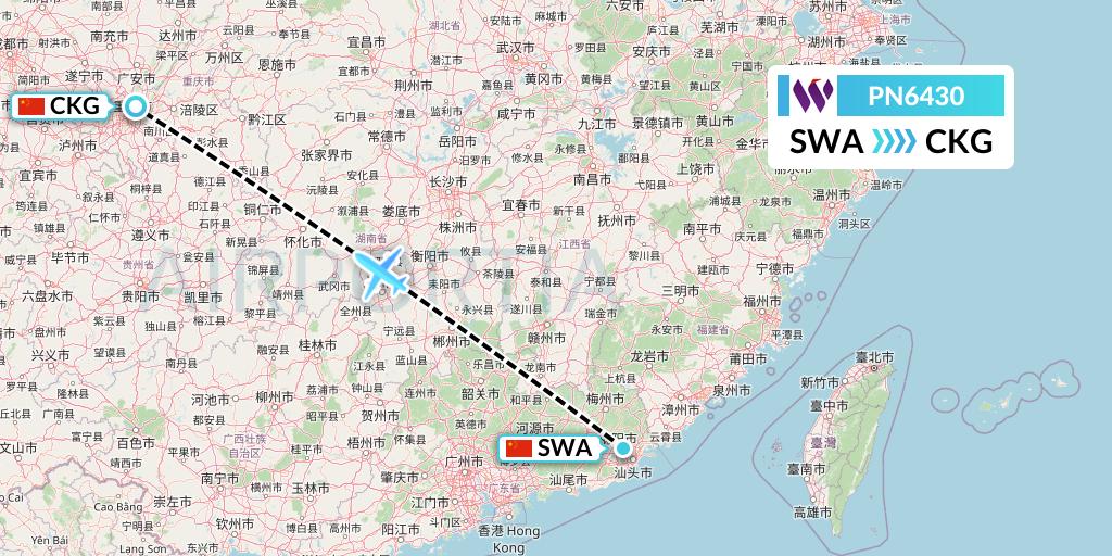 PN6430 China West Air Flight Map: Jieyang to Chongqing