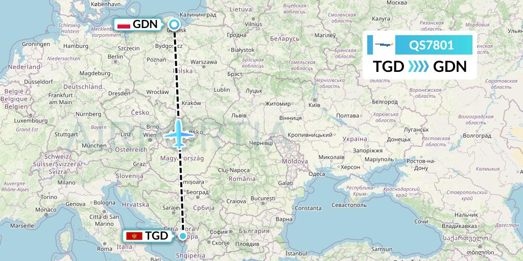 QS7801 Smartwings Flight Map: Podgorica to Gdansk