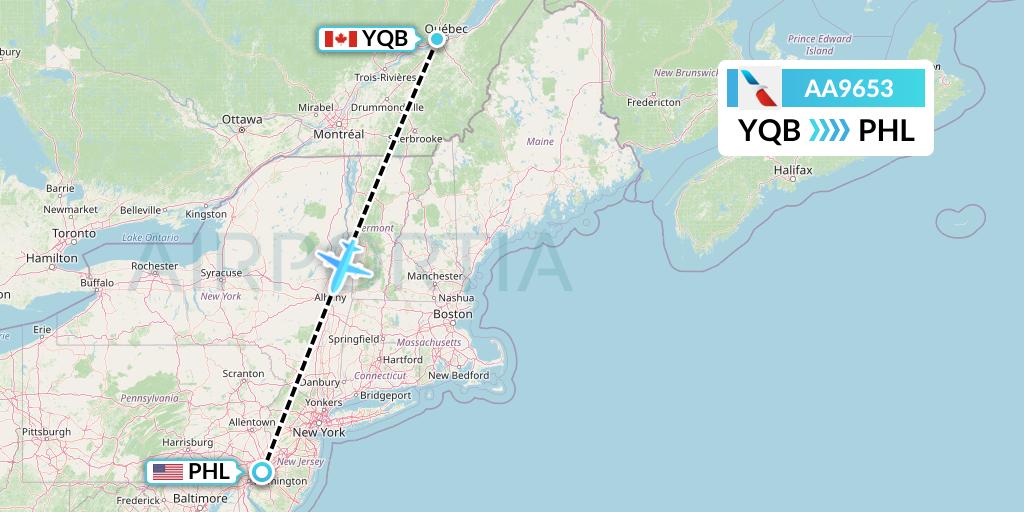 AA9653 American Airlines Flight Map: Quebec to Philadelphia