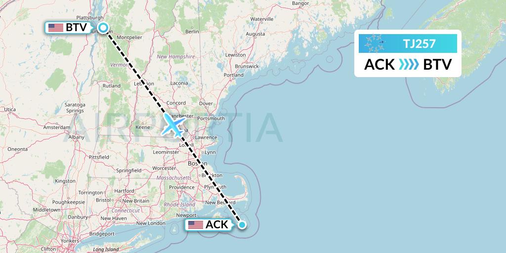 TJ257 Tradewind Aviation Flight Map: Nantucket to Burlington