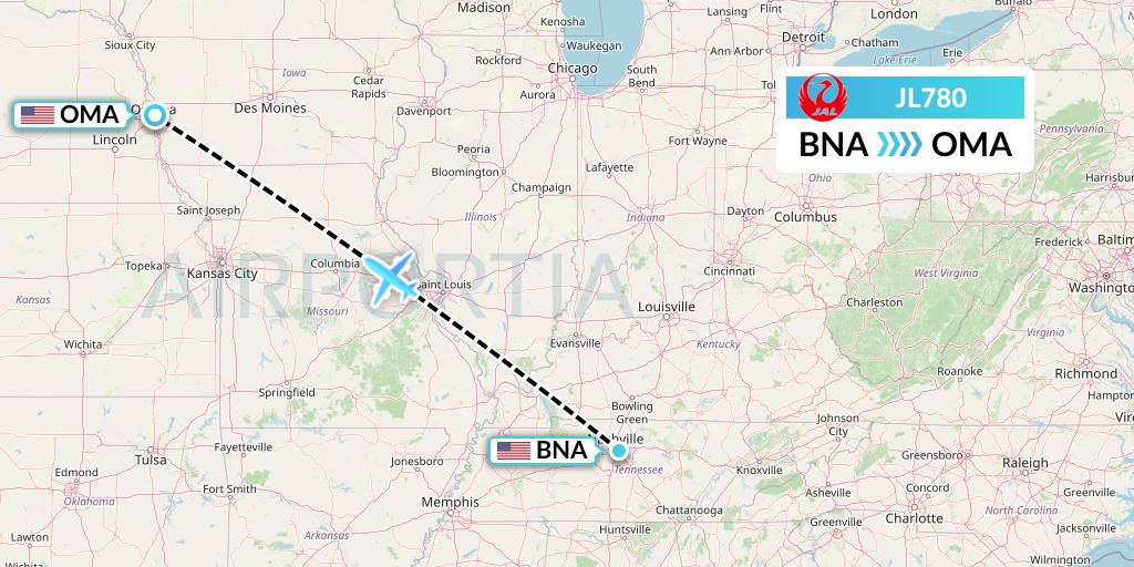 JL780 Japan Airlines Flight Map: Nashville to Omaha