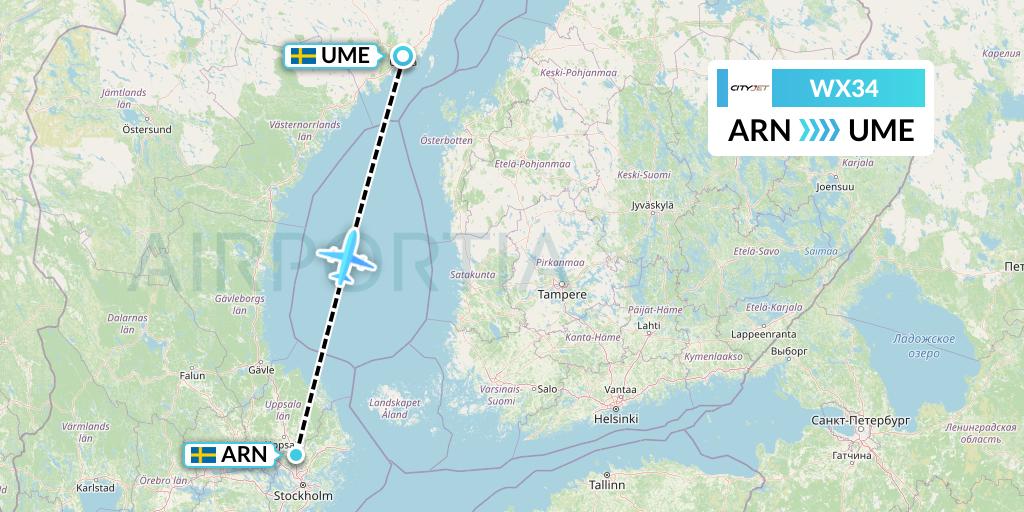 WX34 Cityjet Flight Map: Stockholm to Umea