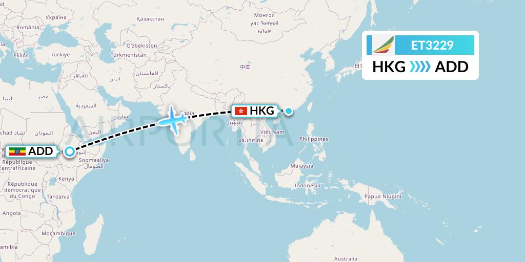 ET3229 Ethiopian Airlines Flight Map: Hong Kong to Addis Ababa