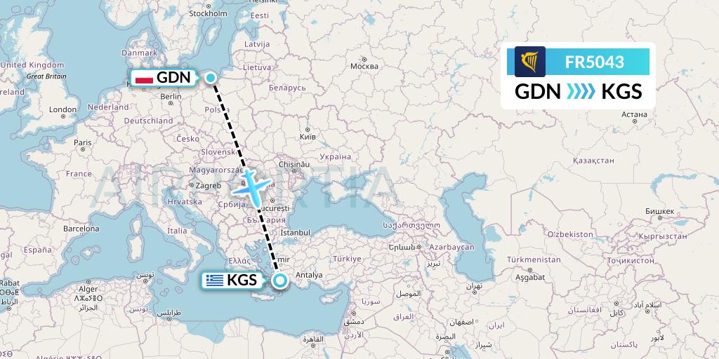 FR5043 Ryanair Flight Map: Gdansk to Kos