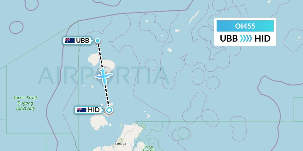 OI455 Hinterland Aviation Flight Map: Mabuiag Island to Horn Island