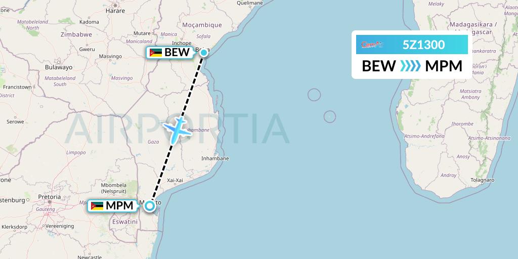 5Z1300 CemAir Flight Map: Beira to Maputo