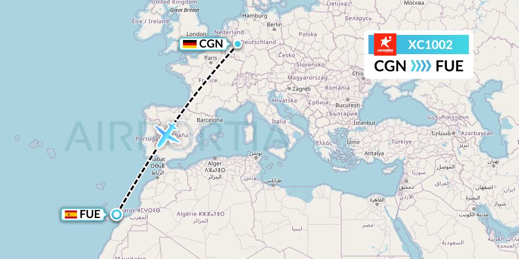 XC1002 Corendon Airlines Flight Map: Cologne to Fuerteventura