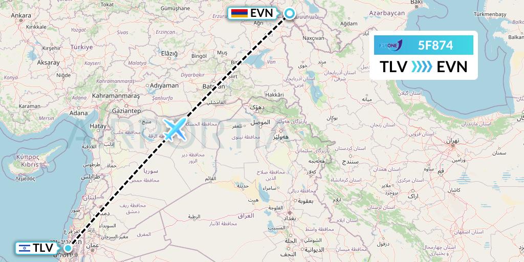 5F874 Fly One Flight Map: Tel Aviv to Yerevan