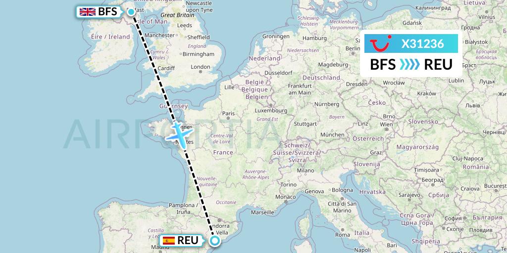 X31236 TUI fly Germany Flight Map: Belfast to Reus