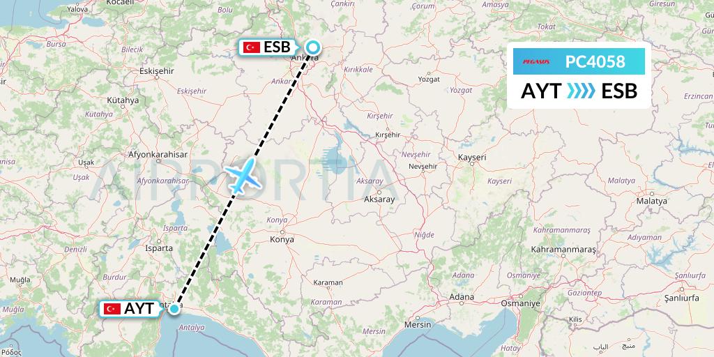PC4058 Pegasus Airlines Flight Map: Antalya to Ankara