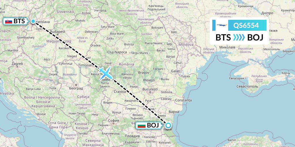 QS6554 Smartwings Flight Map: Bratislava to Burgas