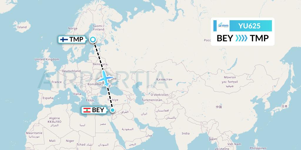 YU625 EuroAtlantic Airways Flight Map: Beirut to Tampere