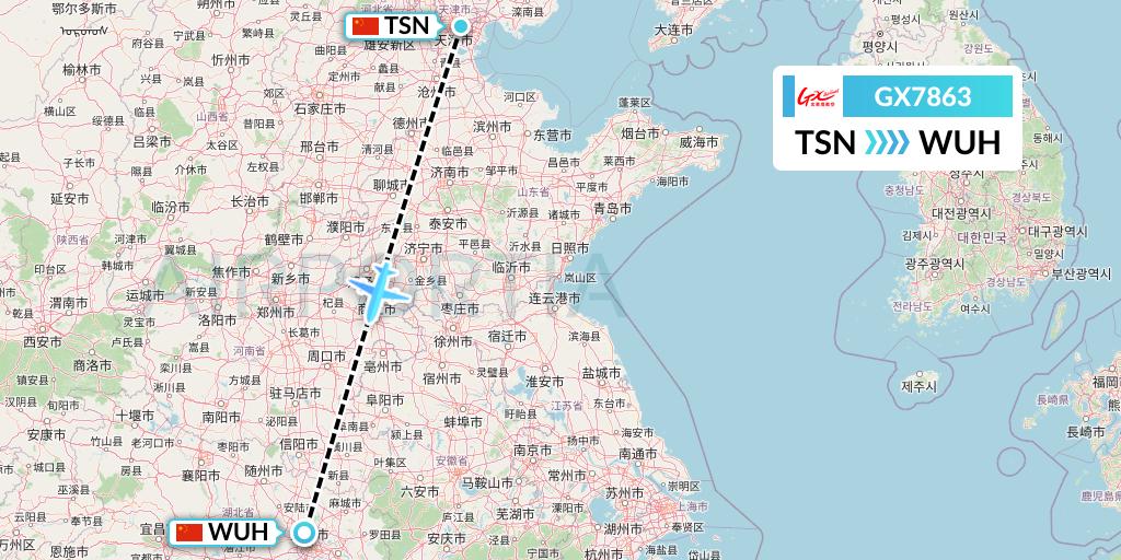 GX7863 GX Airlines Flight Map: Tianjin to Wuhan