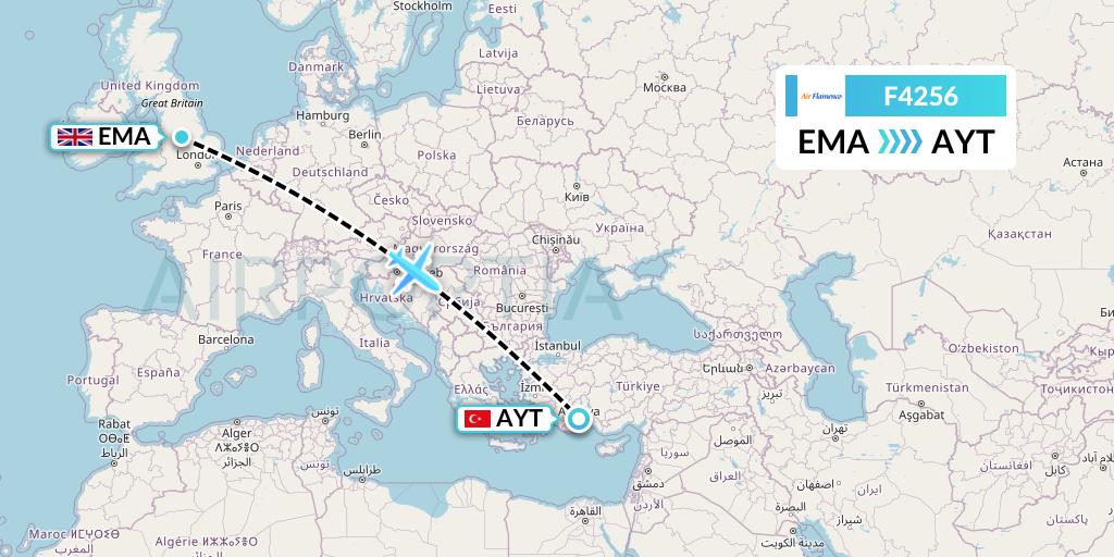 F4256 Air Flamenco Flight Map: East Midlands to Antalya