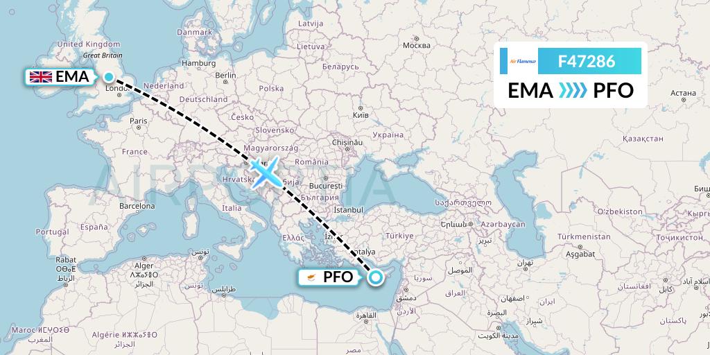 F47286 Air Flamenco Flight Map: East Midlands to Pafos