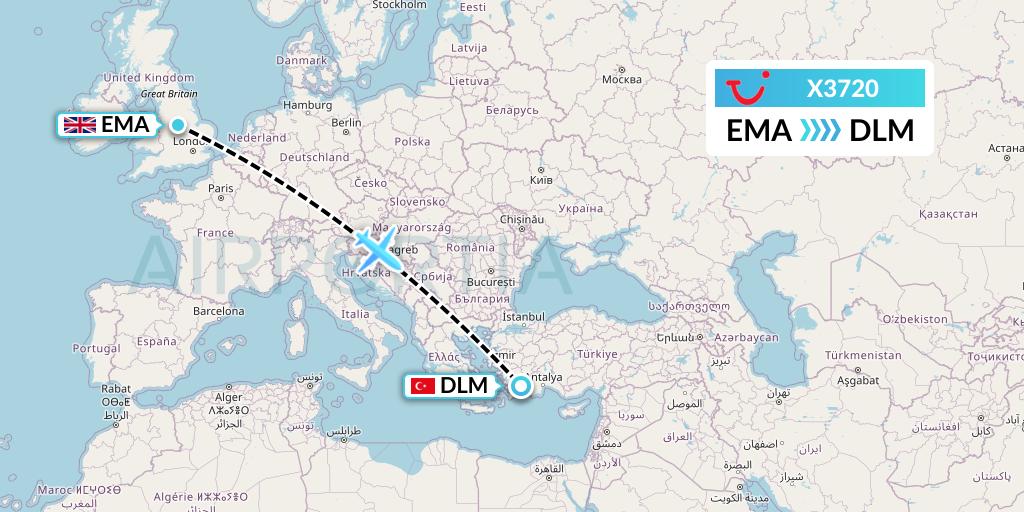 X3720 TUI fly Germany Flight Map: East Midlands to Dalaman