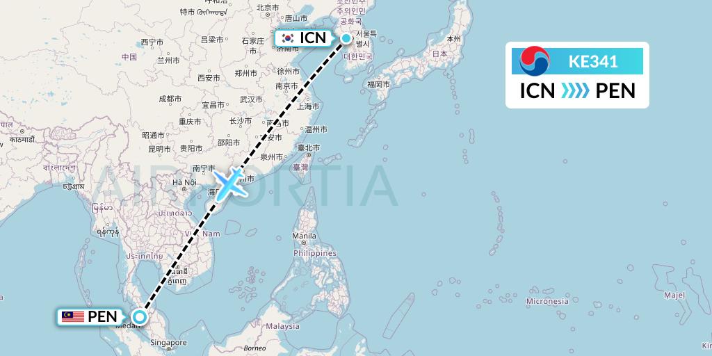 KE341 Korean Air Flight Map: Seoul to Penang