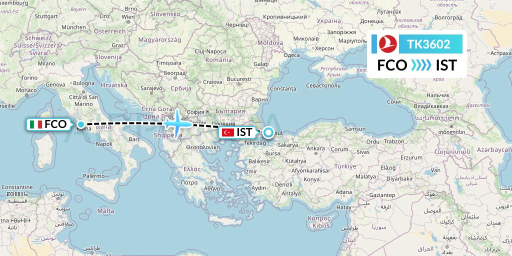 TK3602 Turkish Airlines Flight Map: Rome to Istanbul
