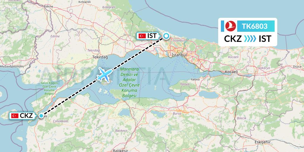TK6803 Turkish Airlines Flight Map: Canakkale to Istanbul