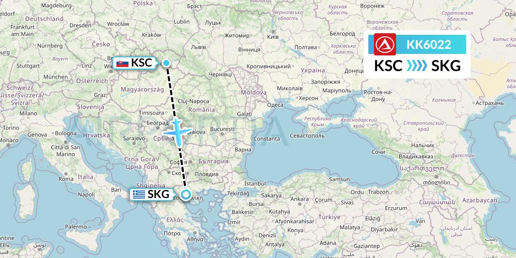KK6022 Atlasjet Flight Map: Kosice to Thessaloniki