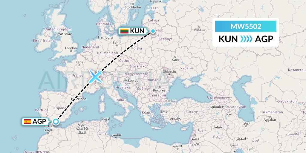 MW5502 Mokulele Flight Service Flight Map: Kaunas to Malaga