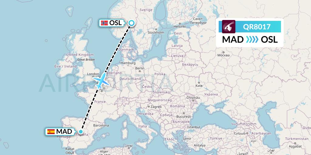 QR8017 Qatar Airways Flight Map: Madrid to Oslo