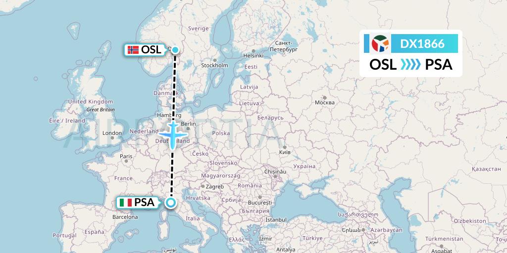 DX1866 Danish Air Transport Flight Map: Oslo to Pisa