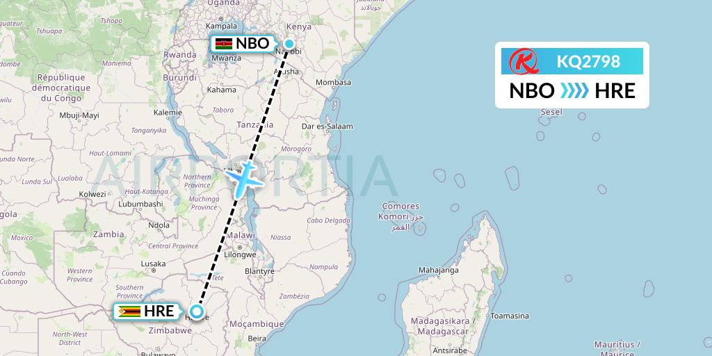KQ2798 Kenya Airways Flight Map: Nairobi to Harare