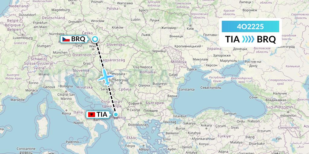 4O2225 Air Montenegro Flight Map: Tirana to Brno