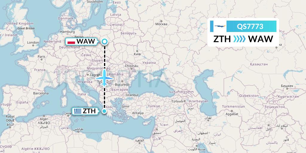 QS7773 Smartwings Flight Map: Zakynthos to Warsaw
