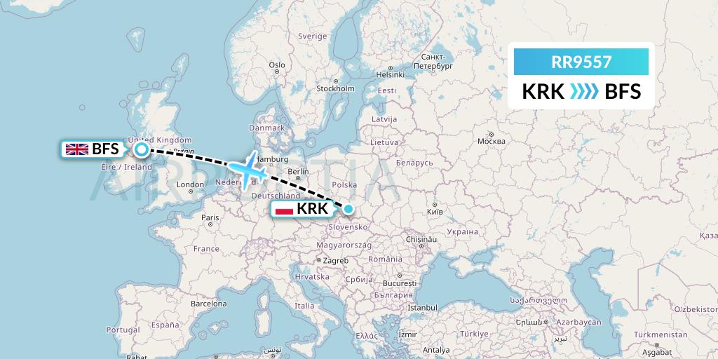 RR9557 Royal Air Force Flight Map: Krakow to Belfast