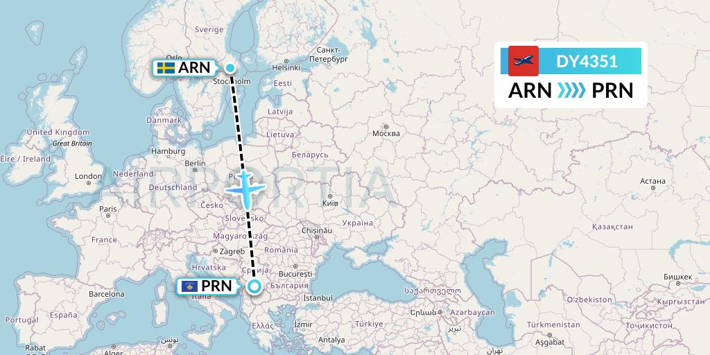 DY4351 Norwegian Flight Map: Stockholm to Pristina