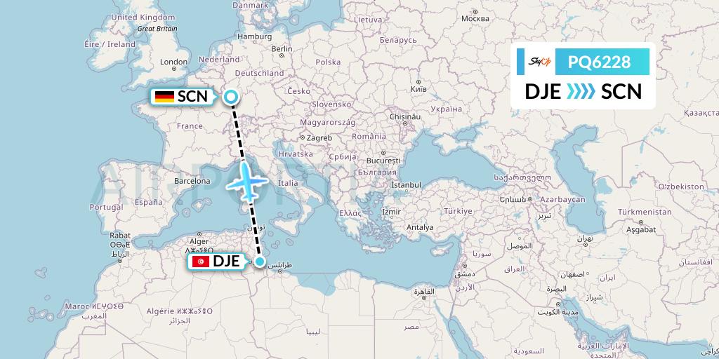 PQ6228 SkyUp Airlines Flight Map: Djerba to Saarbrucken