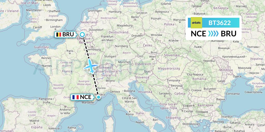 BT3622 Air Baltic Flight Map: Nice to Brussels