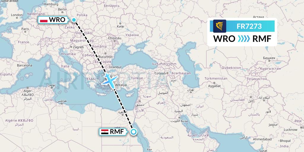 FR7273 Ryanair Flight Map: Wroclaw to Marsa Alam
