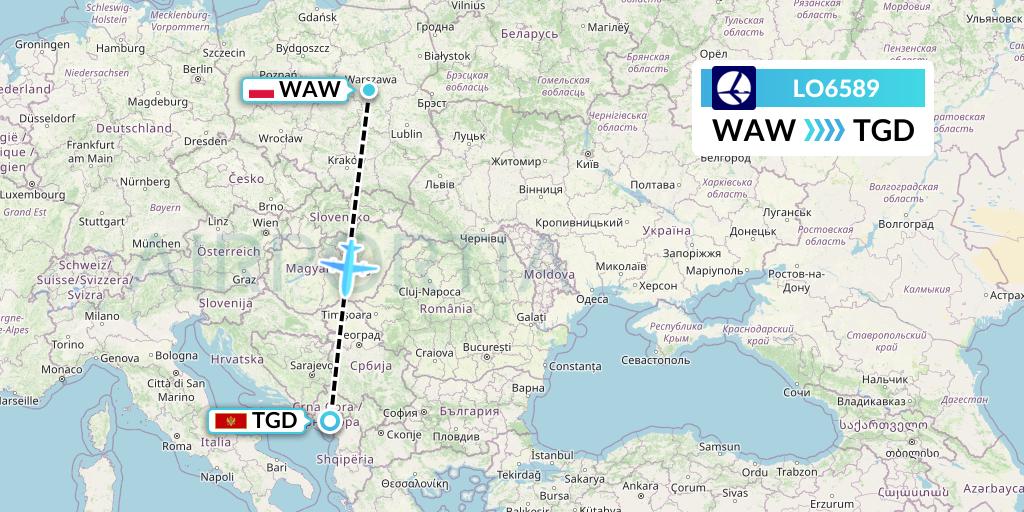LO6589 LOT Flight Map: Warsaw to Podgorica