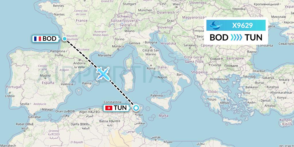 X9629 Avion Express Flight Map: Bordeaux to Tunis
