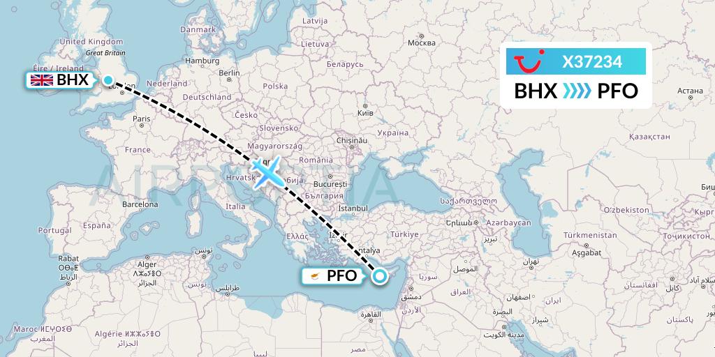 X37234 TUI fly Germany Flight Map: Birmingham to Pafos