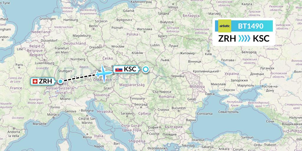 BT1490 Air Baltic Flight Map: Zurich to Kosice