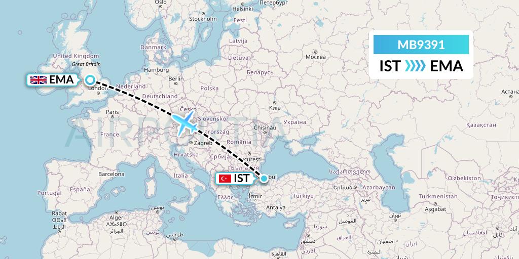 MB9391 MNG Airlines Flight Map: Istanbul to East Midlands