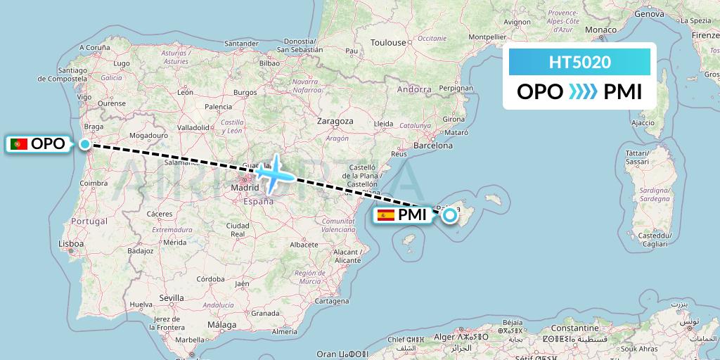 HT5020 Ningxia Cargo Airlines CO.,LTD Flight Map: Porto to Palma de Mallorca