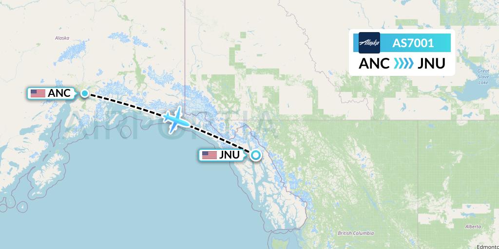 AS7001 Alaska Airlines Flight Map: Anchorage to Juneau