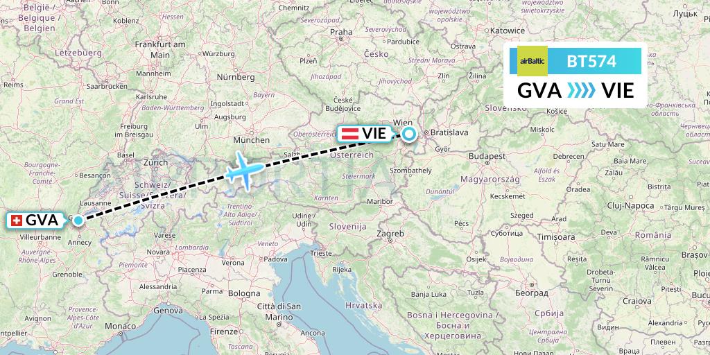 BT574 Air Baltic Flight Map: Geneva to Vienna