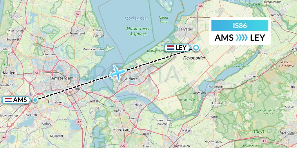 IS86 Sepehran Airlines Flight Map: Amsterdam to Lelystad