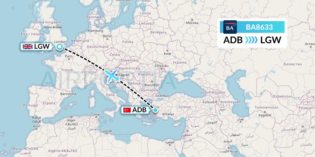 BA8633 British Airways Flight Map: Izmir to London
