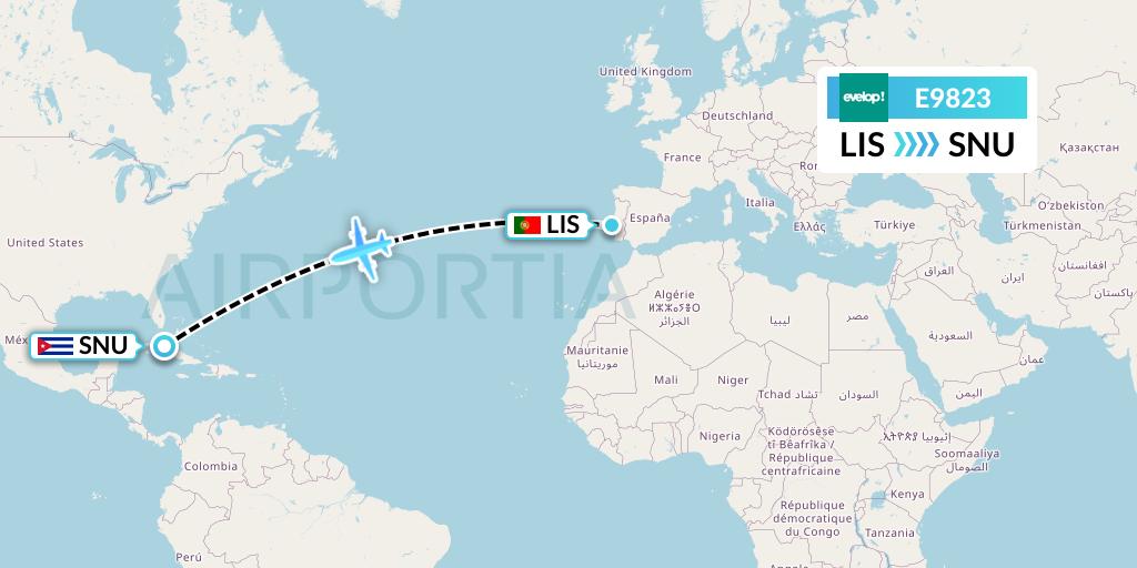 E9823 Evelop Airlines Flight Map: Lisbon to Santa Clara