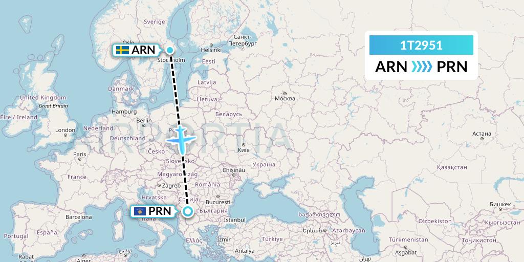 1T2951 Russian Sky Flight Map: Stockholm to Pristina